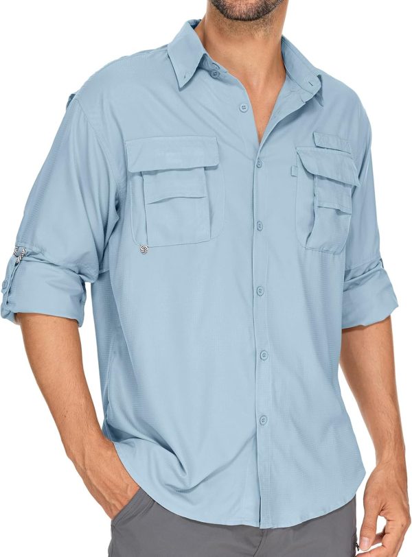 Mens Safari Shirts Long Sleeve UV Protection Hiking Fishing  50+ Quick Dry Camping Travel Shirts