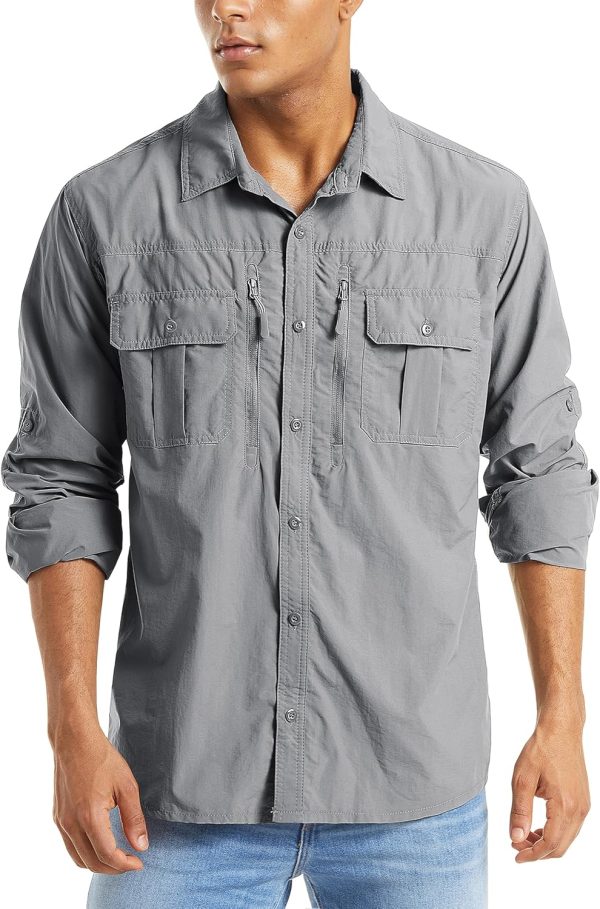 Men's  50+ Sun Protection Shirts, Button Down Long Sleeve Shirt for Hiking, Fishing, Safari