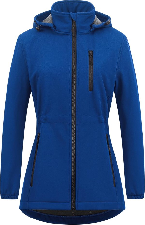 Women Lightweight Long Softshell Fleece Lined Jacket  Raincoat With Removable Hood - Image 2