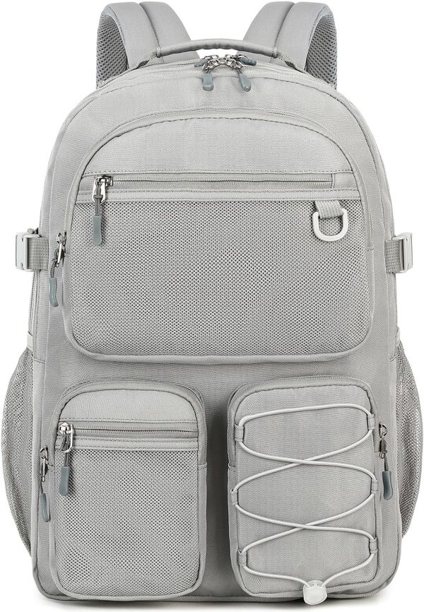 Water Resistant Daypack with Mulitiple Pockets for School Travel Outdoor College, 15.6 inch Laptop Backpack for Men and Women (Grey)